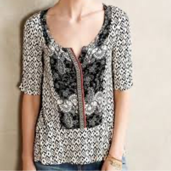 Anthro Akemi + Kin split neck ikat mixed print top short sleeve small - Picture 1 of 10